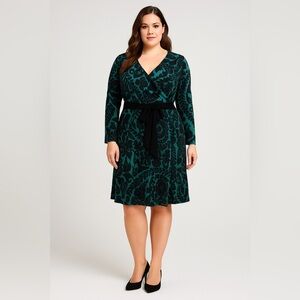 IGIGI Wrap Dress Plus Sz 12 Green Black Abstract Print V Neck Long Sleeve Belted